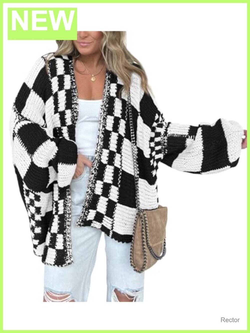 Women's Open Front Cardigan Sweater Long Sleeve V-Neck Ribbed Knit Checkered